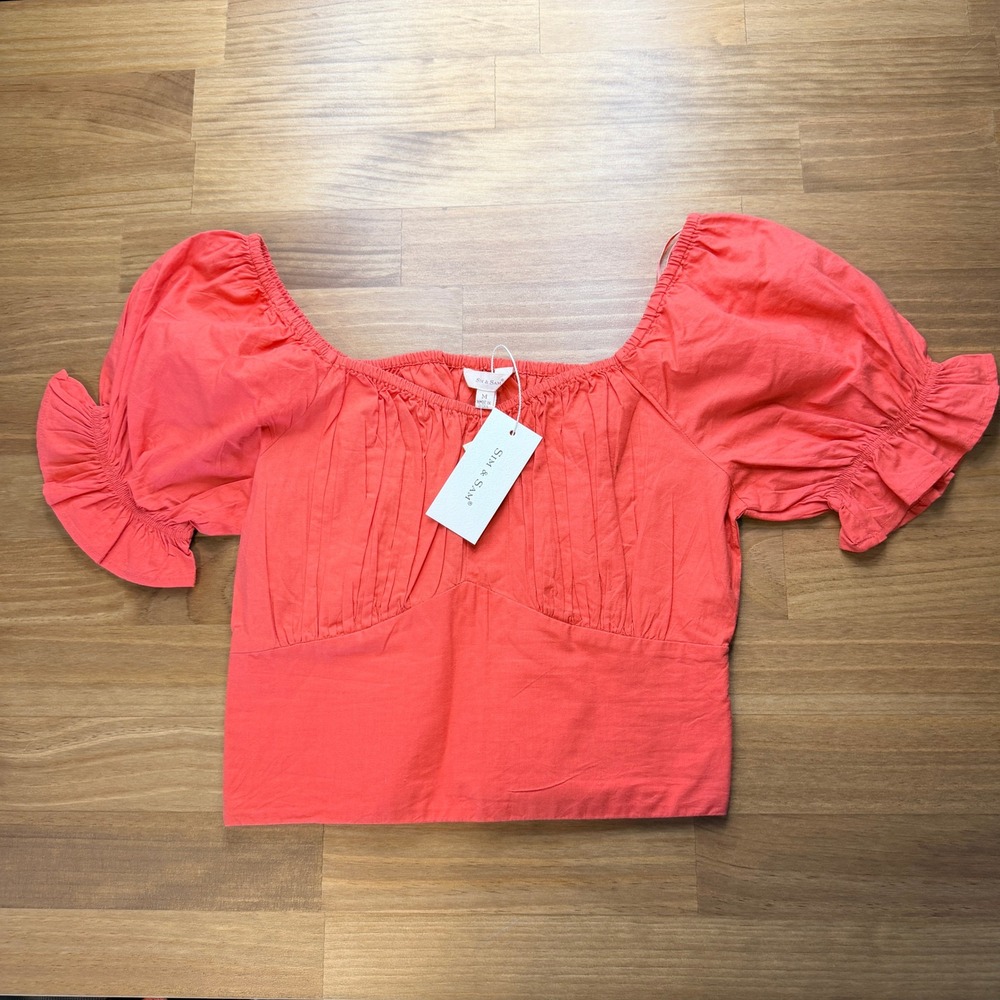 NEW Sim & Sam Coral Puff Sleeve Smocked Crop Top Medium Cottagecore